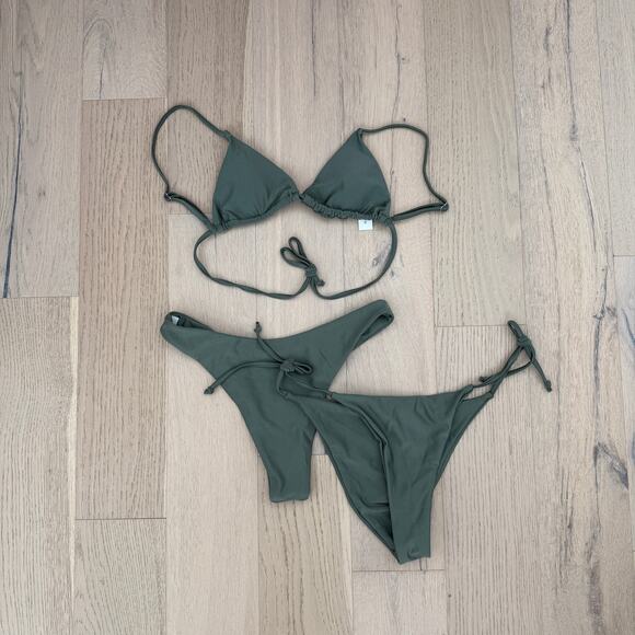 Women's Bikini 3 Pc Set Size S‎ Olive Green Triangle Top Tie Side Y2K Minimalist - Picture 2 of 3